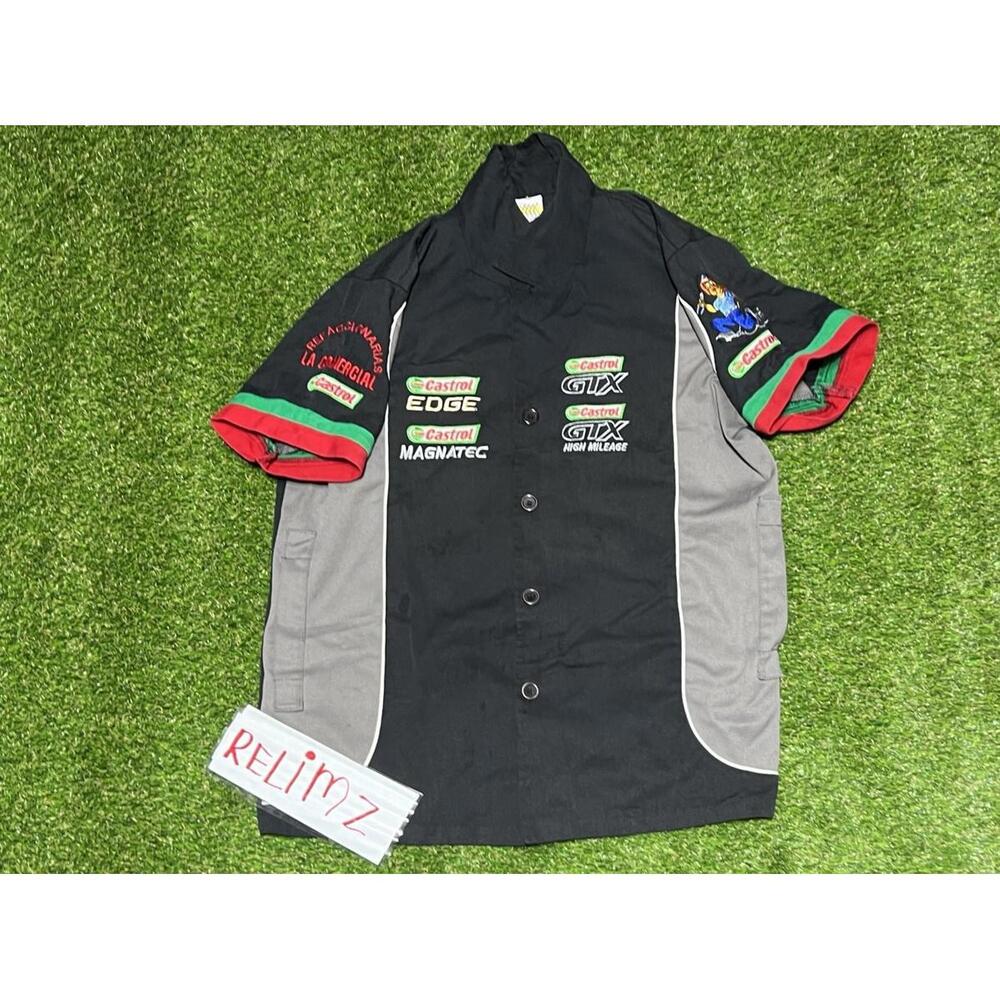 CASTROL RACING VINTAGE BUTTON UP SHIRT JERSEY WHITE RED TOP EMBROIDERED MENS Xl